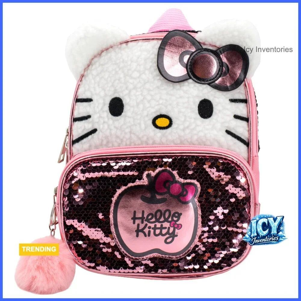 Hello Kitty Sherpa & Sequin Mini Backpack with 3D Ears & Pompom Dangle
